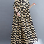 Loose Short Sleeves Plaid Round-Neck Midi Dresses