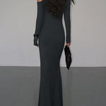 Long Sleeves Skinny Hollow Solid Color Cold Shoulder Maxi Dresses