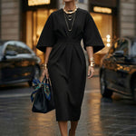 Batwing Sleeves Elasticated Waist Pleated Solid Color Split-Joint Round-Neck Midi Dresses