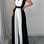 High Waisted Loose Contrast Color Pleated V-Neck Jumpsuits