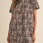 Brown Leopard Print Short Sleeve Pocket Mini Dress