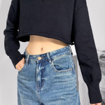 Round Neck Solid Color Loose Casual Long Sleeve Super Short Knitted Sweater