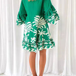 A-Line Flared Sleeves Flower Print Pleated Split-Joint V-Neck Mini Dresses