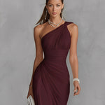 Women's Burgundy Stretch Jersey Dress With One-Shoulder Neckline & Ruched Waist, Timeless Luxe-Romantic Style Dress