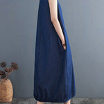 A-Line Loose Buttoned Pleated Solid Color Round-Neck Midi Dresses