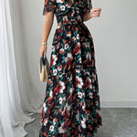 A-Line Loose Contrast Color Elasticity Flower Print Pleated V-Neck Maxi Dresses