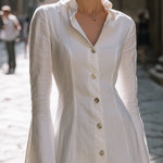 Vintage-Inspired Linen Blend Mini Shirt Dress With Flared Bell Sleeves