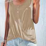 Kink T-Shirt Solid Color Cross Button Round Neck Sleeveless Tank Top