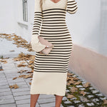 Long Sleeves Loose Contrast Color Striped V-Neck Midi Dresses Sweater Dresses