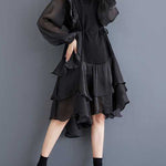 High-Low Long Sleeves Contrast Color Ruffle Trim Split-Joint Round-Neck Midi Dresses