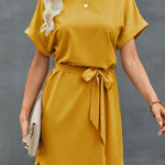 Loose Short Sleeves Solid Color Tied Waist Round-Neck Mini Dresses