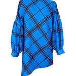 Long Sleeves Puff Sleeves Asymmetric Contrast Color Plaid Pleated One-Shoulder Mini Dresses