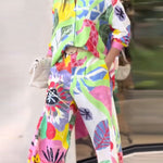 Contrast Color Printed Long Sleeves Buttoned Lapel Blouses Top+ High Waisted Pants Bottom Two Pieces Set