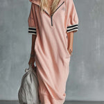 Casual Fashion Sporty Hooded Front Zipper Short-sleeved Cherry Blossom Pink Cotton Midi Dress