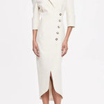 Elegant Look Linen Blend Stand Lapel Neck Half Sleeve Side Button Midi Dress