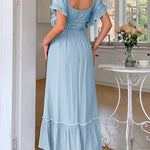 A-Line High Waisted Pleated Ruffle Trim Split-Joint Zipper Square-Neck Midi Dresses