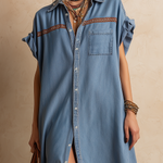 Simple Western-style Brown Woven Strap Short-sleeved Denim Midi Dress