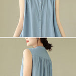 A-Line Sleeveless Buttoned Pleated Solid Color Round-Neck Midi Dresses