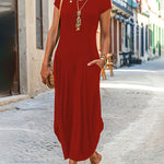 A-line Loose Pockets Solid Color Split-Joint Round-neck Midi Dresses