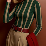 Long Sleeves Skinny Contrast Color Split-Joint Striped High Neck Blouses&Shirts Tops