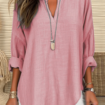 Women's Cotton Long Sleeve Round Neck Solid Color Loose Beach Shirt