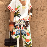 High Waisted Loose Drawstring Elasticity Printed Split-Joint Pants Trousers