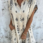 Linen Blend Unique Print Lapel Casual Pocket Mini Dress