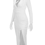 Bodycon Elasticated Waist Pleated Solid Color Split-Joint Split-Side Deep V-Neck Midi Dresses