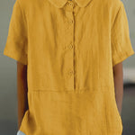 Women's Solid Color Cotton And Linen Lapel Short Sleeved Casual Blouse
