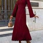 Long Sleeves Pleated Ruffled Solid Color Split-Joint Round-Neck Maxi Dresses