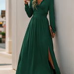 A-Line High Waisted Pleated Solid Color Split-Side V-Neck Maxi Dresses
