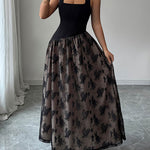 High Waisted Sleeveless Contrast Color Flower Print Split-Joint Zipper Square-Neck Maxi Dresses