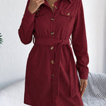Elasticated Waist Long Sleeves Belted Buttoned Single-Breasted Solid Color Lapel Collar Mini Dresses Shirt Dress