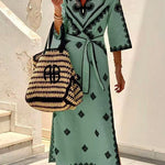 Margovil V Neck Tie Waist Side Split Bohemia Printed Maxi Dress