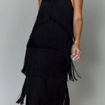 Margovil Chicest Halter Ruffle Layered Fringe Maxi Party Dress