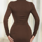 Bodycon High Waisted Drawstring Pleated Solid Color Mock Neck Mini Dresses