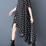 A-Line High-Low Asymmetric Buttoned Polka-Dot Lapel Midi Dresses Shirt Dress