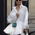 Urban Puff Sleeves Buttoned Split-Joint Solid Color Lapel Mini Dresses Shirt Dress