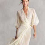 Women's Ivory Sheer Chiffon Dress With Puff Sleeves & Wrap Detail, Timeless Romantic-Luxe Style Dress