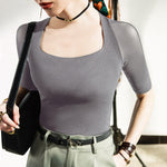 Simple Solid Color Square-Neck Half Sleeves Shirt