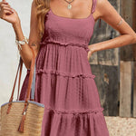 A-Line Loose Jacquard Layered Pleated Solid Color Split-Joint Spaghetti-Neck Mini Dresses