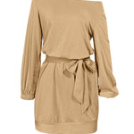 Long Sleeves Loose Elasticity Solid Color Tied Waist One-Shoulder Mini Dresses