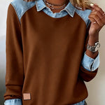 Women'S Casual Lapel Denim Stitching Pullover Sweatshirt