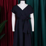 Bowknot Lace-Up Solid Color V-Neck Midi Dresses