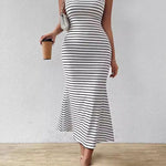 Bodycon Sleeveless Split-Joint Striped U-Neck Midi Dresses