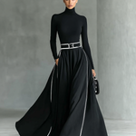 Women's Black Stitching White Trim High Collar Long Sleeve Tight Belt Maxi Dress