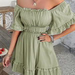 A-line High Waisted Elasticity Pleated Ruffle Trim Solid Color Square-neck Mini Dresses