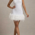 Dazzling and Playful Sequin High Neck Feather Trim Stretch Mini Dress