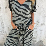 Zebra Print V-neck Short-sleeved Lace-up Top and Elastic Waist Pocket Straight-leg Pants Set