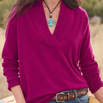 V-neck pullover solid color loose long-sleeved top